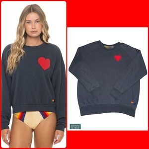 Aviator Nation Heart Stitch Relaxed Crew Sweatshirt Charcoal Red Heart Lounge
